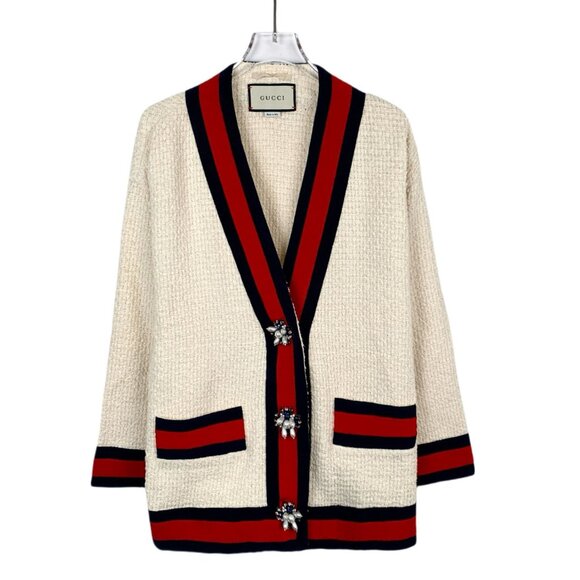 Gucci Ivory Tweed V-Neck Cardigan Coat With Red & Navy Stripes Pearl Embellished